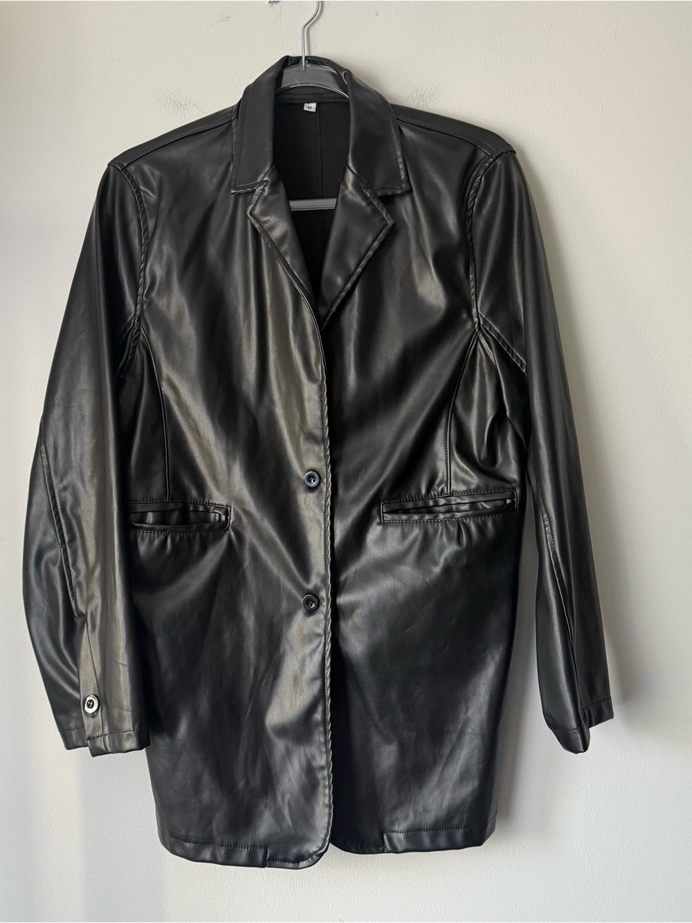 Black Faux Leather Long Blazer Jacket - Women's Coat